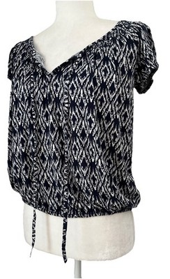 Max Studio Womens Blouse Split Neck Pullover Elastic Waist Boho Peastant Blue