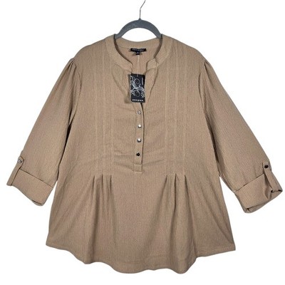 Ava & Grace Woman Tan Textured Roll Tab Sleeve Blouse Plus 1X Light Earthy NEW