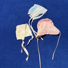 Baby Bonnets Lot of 3 Pink White Blue Lace Prairie Cottage Coquette Vintage