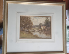 Frank Gresley (1855-1936) framed watercolour Derbyshire landscape bridge and dog