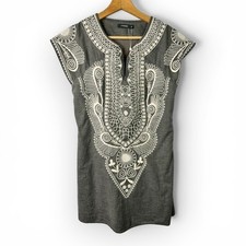 Theme Bohemian Gray Linen Blend Embroidered Tunic Dress Women’s Size Medium