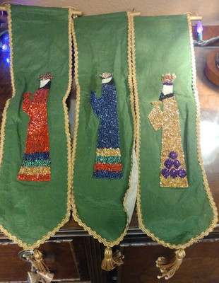 MCM Hand Made Wall Hanging Bell Pull Three Kings Magi Christmas Beads & Sequins