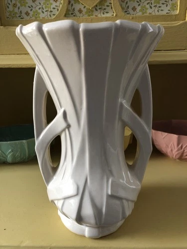McCoy Pottery Double Handle 1947 White Ribbon Strap Vase 12”