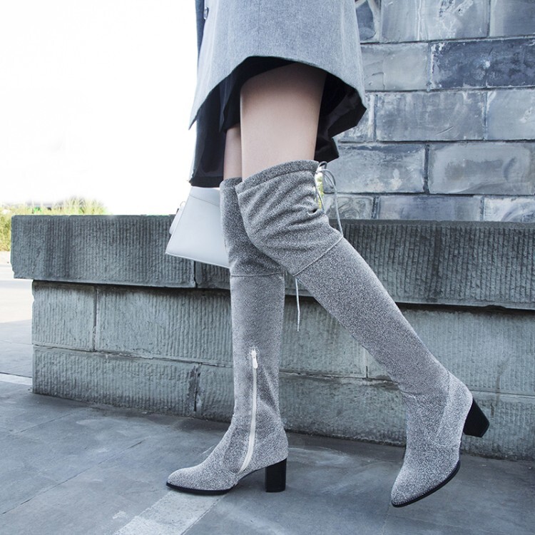 Block Heel Boots Outfit Grey Over Knee High Boots Over The Knee