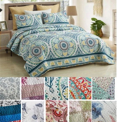 3 Piece Quilt Set Queen King Lightweight Bedspread Floral Coverlet Bedding Throw