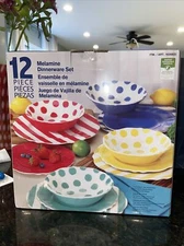 12 Piece Melamine Dinnerware Set Bowls. Dinner & Salad Plates Multicolor