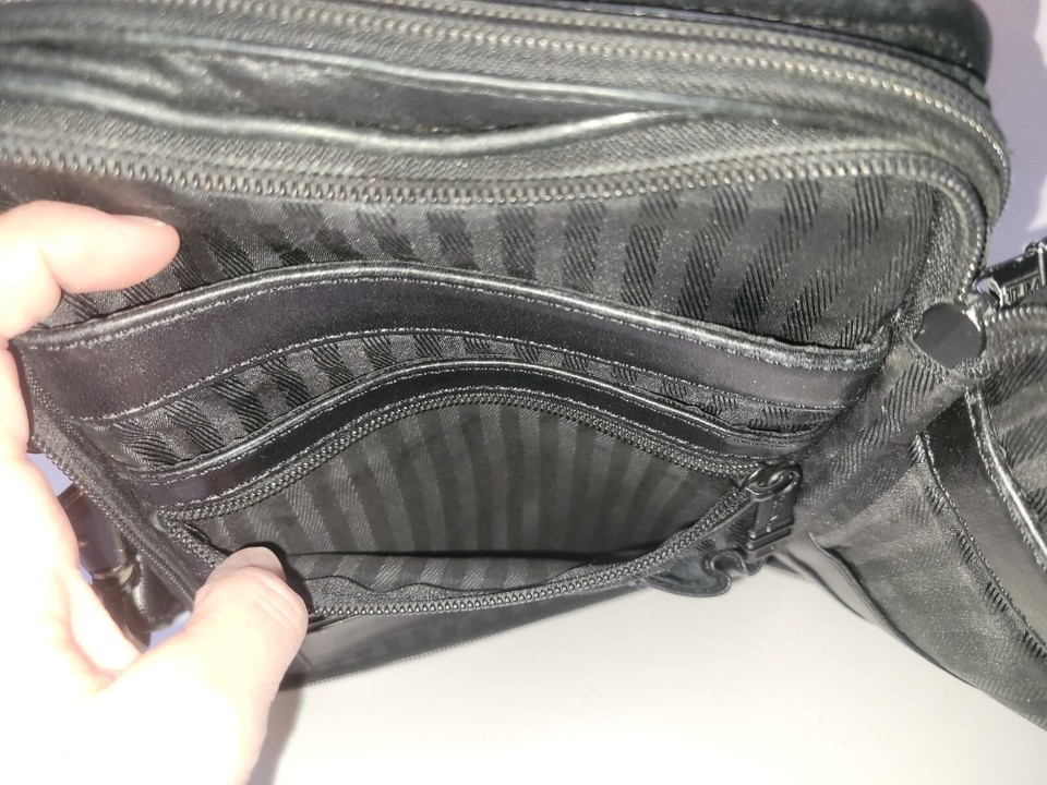 TUMI Organizer Travel Tote Crossbody Bag Black Leather Carryall 7x10