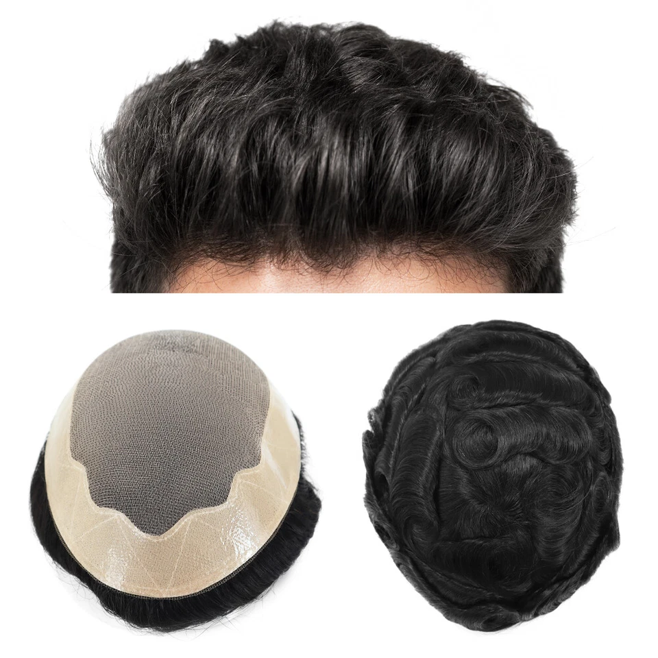 Sistema de reemplazo de cabello humano para hombre Pieza de pelo duradera Mono fino Piel Toupee Foto 2 de 4
