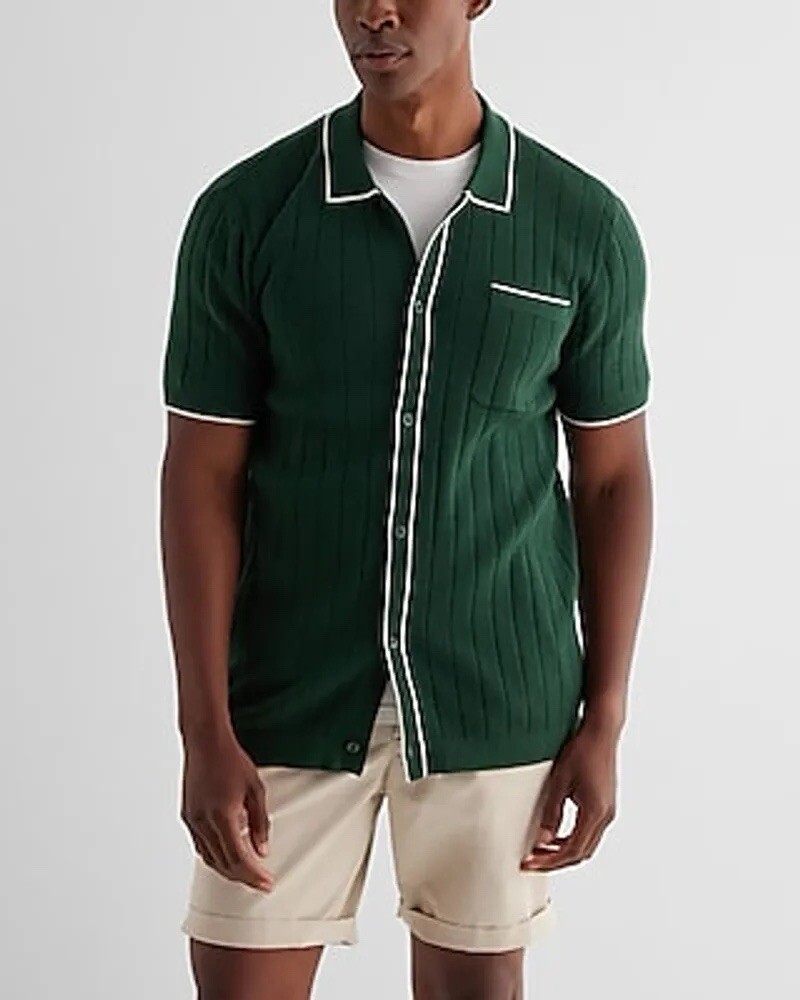✨ NWT Express Ribbed Short Sleeve Sweater Polo Green Retro