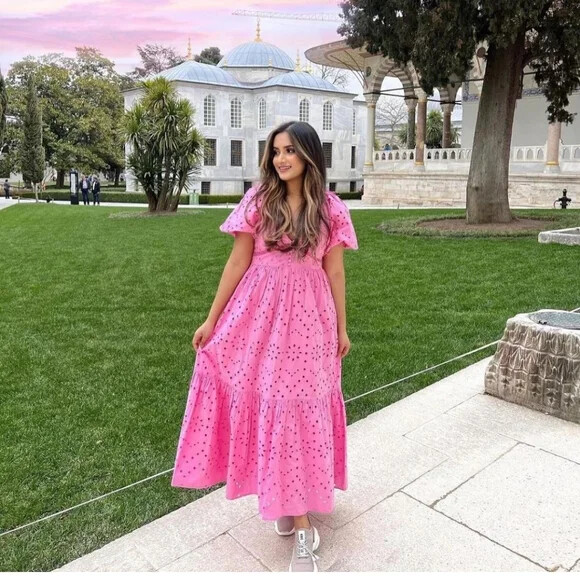 ZARA NEW SS22 OPENWORK EMBROIDERED DRESS PINK MIDI BALLOON SLEEVES