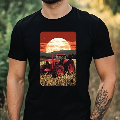 Mens Tractor Red Moon Motif Cotton T-Shirt Size XS to 5XL