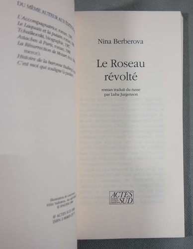 Le Roseau Révolté - Nina Berberova vente en gros - Actes Sud, 1988