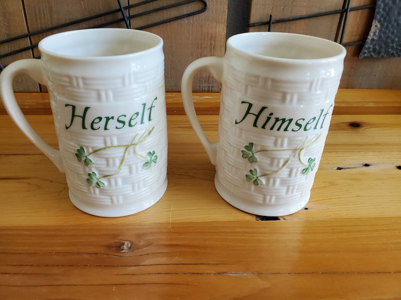 Pair of Vintage Belleek Irish Porcelain Shamrock Basket Weave Cups/Mugs