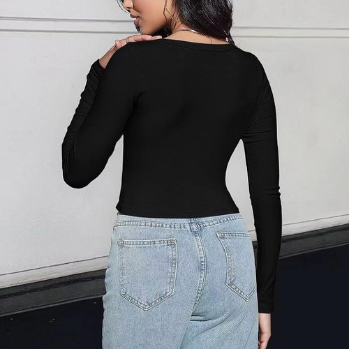 Alluring Womens Slim Fit Long Sleeve Square Neck Crop Top for Casual Wear - Picture 6 of 36