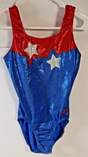 USED GK ELITE SPORTSWEAR GYMNASTICS LEOTARD SLEAVLESS BLUE RED WITH STARS MEDIUM