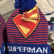 Kids Superman Striped Pom-Pom Beanie Blue Red Yellow Comics Superheroes.