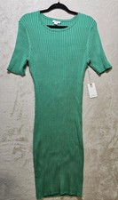 Good American Ribbed Knit Bodycon Dress Green Open Back Cutout Stretch 7/8 NWT