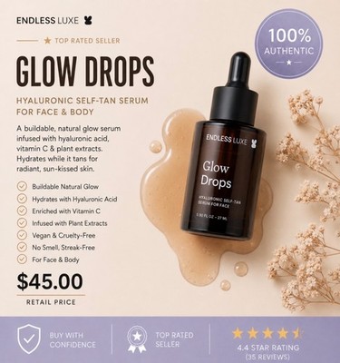 High end tanner Luxe Glow Drops Hyaluronic Self Tan Serum For Face 0.90 Fl Oz 27