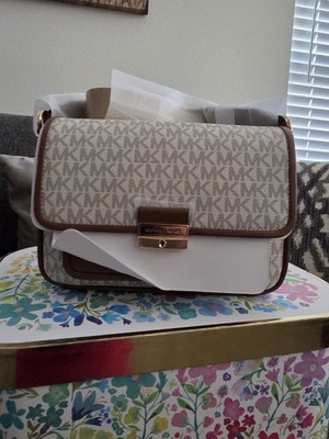 Michael Kors Logo Satchel Top Handle Strap Zip Bag Charm Brown Gold Hardware