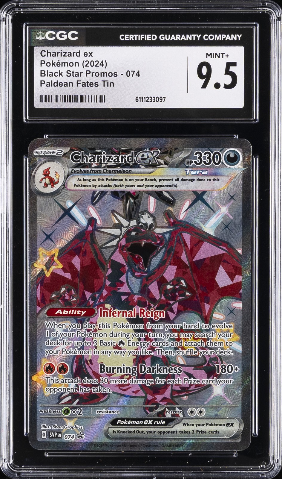 2024 POKEMON BLACK STAR PROMOS PALDEAN FATES TIN #074 CHARIZARD EX CGC 9.5
