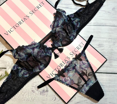 #ad Victoria#x27;s Secret Black Electric Orchid Embroidery Unlined Plunge Demi Bra Set $55.00