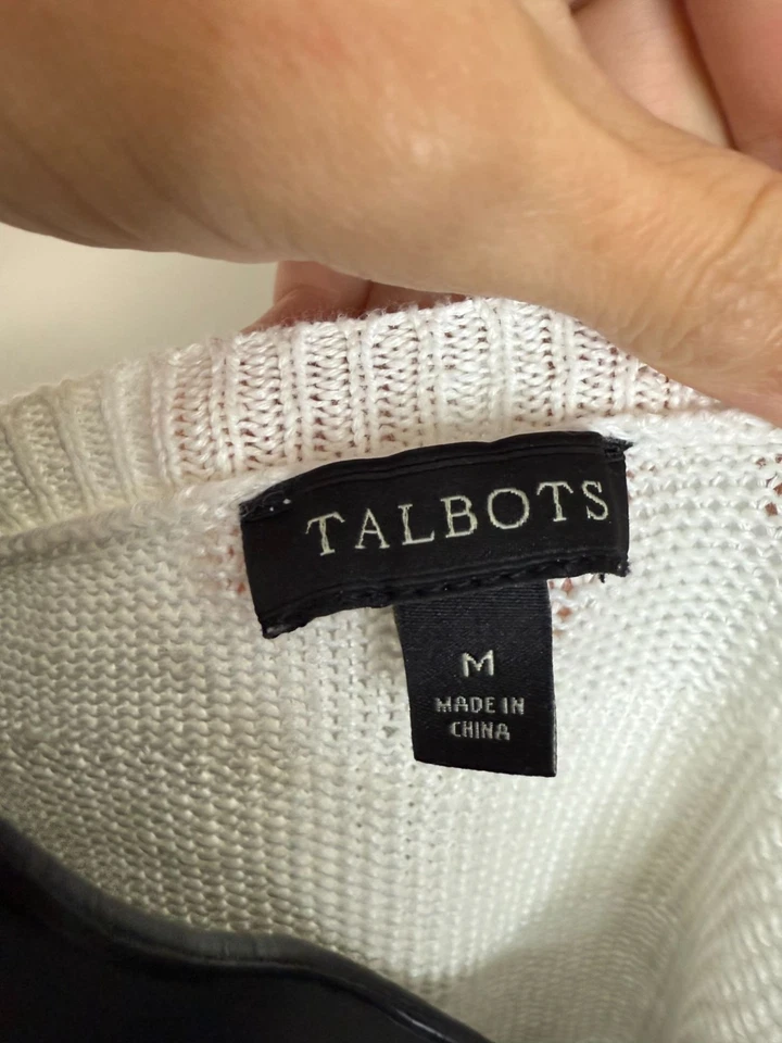 Talbots 女式白色开口针织条纹套衫 100% 亚麻毛衣 M 码 — 第 3/4 张图片