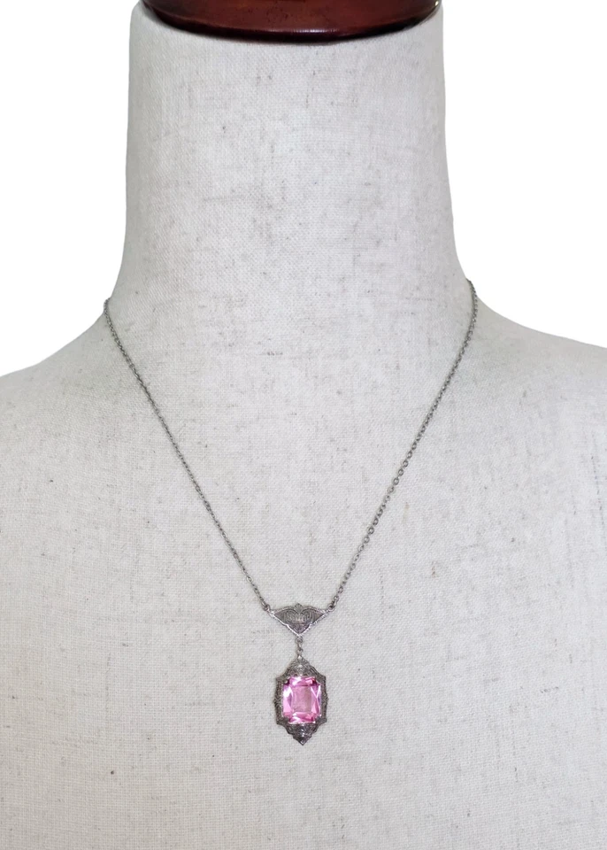 Antique Vintage Art Deco Sterling Silver Filigree Pink Glass Pendant Necklace - Image 2 of 4