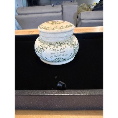Antique Roger & Gallet Paris Shaving Soap Jar Green Transferware Ceramic France