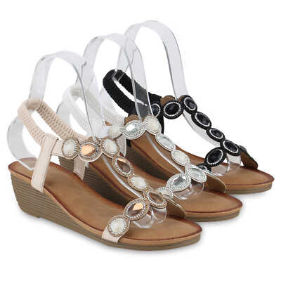 Damen Keilsandaletten Sandaletten Strass Zierperlen Sommer 840957 Schuhe 
