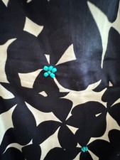 LOFT ANN TAYLOR SIZE 12 Black/White Teal Beaded Floral Cotton Lined Tea Dress