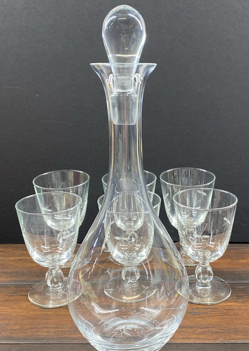 Vintage Glass Decanter With Stopper And 6 Drinking Glasses Floral