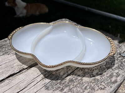 Anchor Hocking FIre King Ware Plate Dish White Milk Glass Gold