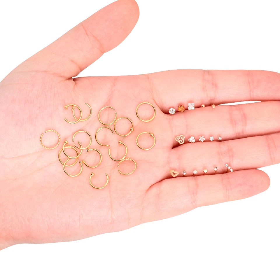 32件装20G黄金手术钢鼻环直L弯鼻骨耳钉套装 — 第 3/4 张图片