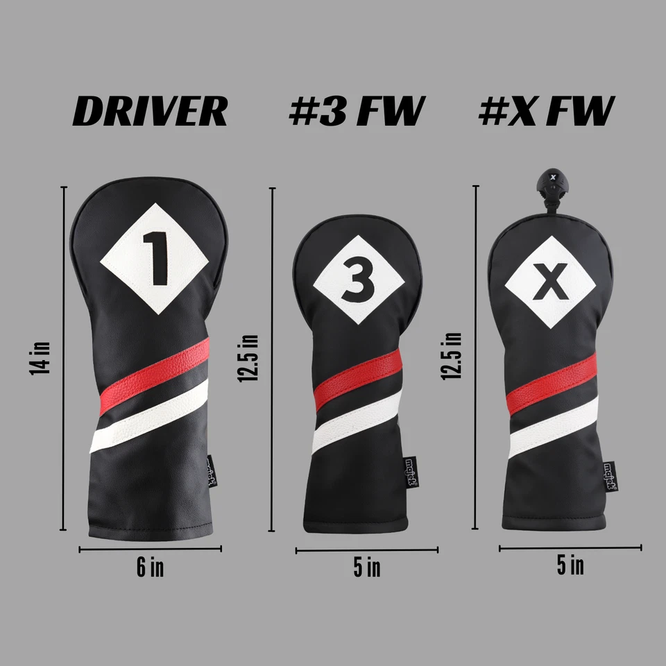 Majek Retro Golf 1 3 X Driver & Woods Headcover Black Red White Leather Style - Image 4 of 4