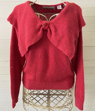 Vintage Bramble Lane Red Knit Jewel Bow Sweater-Size M-Silk/Angora Blend-Cottage