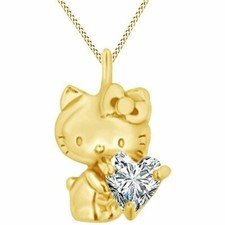 0.50ct Heart Natural Moissanite Hello Kitty Pendant Necklace Gold Plated Silver
