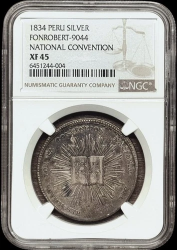 PERU Lima Silver Proclamation Medal 1834 Convention National NGC XF 45