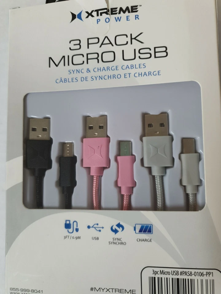 Xtreme Power 3 Pack Micro USB Sync & Charge Cables, High speed transfer, New.  - Image 2 of 4