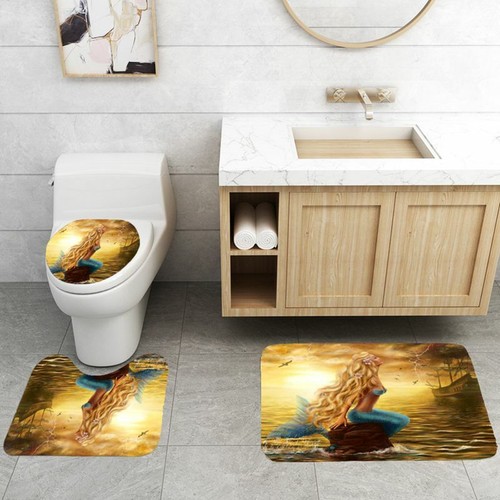 Juego de cubierta de inodoro alfombra de baño antideslizante cortina de ducha de sirena dorada de lujo - Imagen 3 de 15