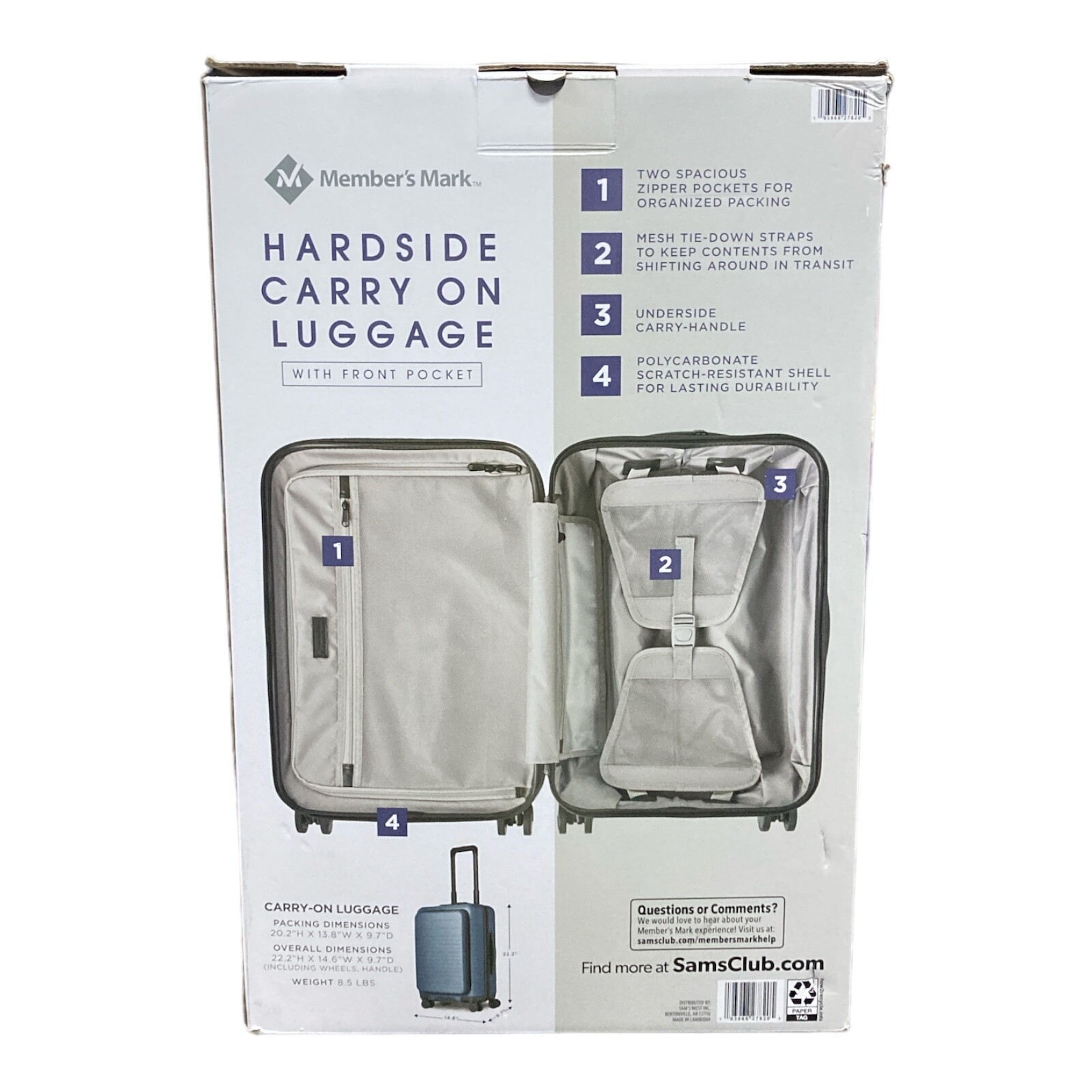 Member's Mark Hardside Carryon Pro Spinner Suitcase With USB (Blue) eBay