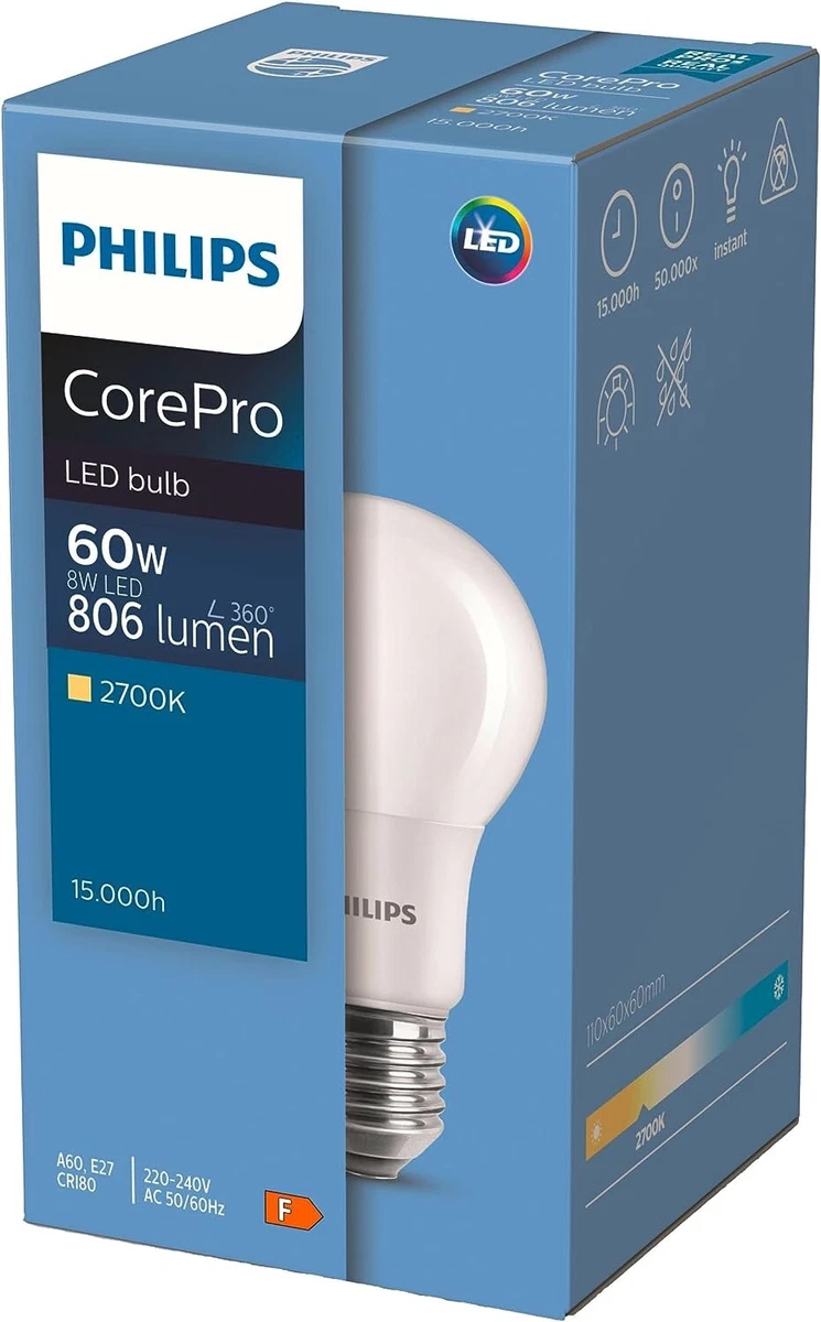 Philips CorePro LED 8 W 60 W A60 E27 Edison Screw Bulb Warm