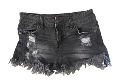Women s Juniors 1 Black Distressed Denim Cut-Off Shorts Frayed Hem 5-Pocket