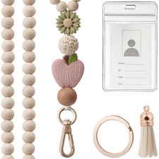 Teacher Lanyard with ID Holder, Fashion Wood Beaded Lanyard for Keys, Super C...