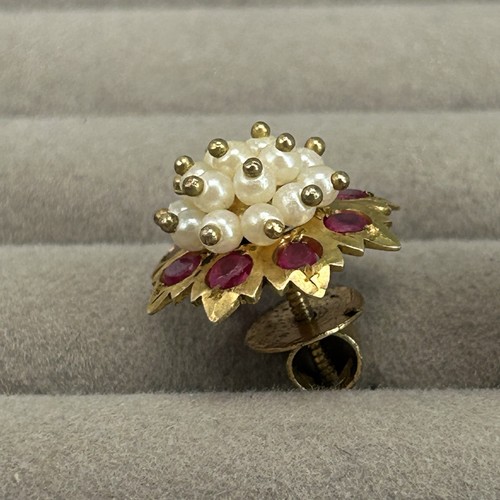 ethnic earrings seed pearl ruby gemstone cluster flower gold tone screw on backs - Picture 4 of 8