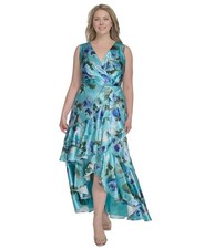 Eliza J Plus Size Printed Satin High-Low MIDI Dress, Aqua, Size-20W