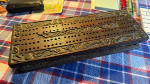 Rare 1924 Antique Handcarved Cribbage Board and Box China USS Black Hawk Chefoo