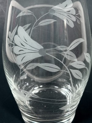 Pasabahce crystal vase with etched flowers hand blown Turkish glass 8'' high