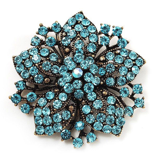 Victorian Corsage Flower Brooch (Antique Gold & Aqua Blue)