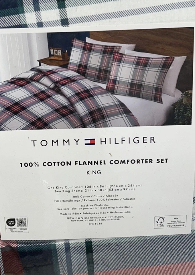 "Juego de edredón Tommy Hilfiger de franela de algodón a cuadros King 108""x96""" Foto 2 de 2