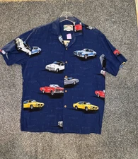 Vintage Paradise Found Hawaiian Shirt Mens XL Blue Corvette Stingray Classic Car